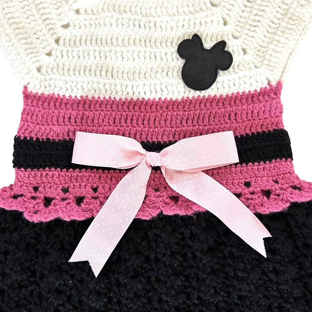 Handmade Crochet Toddler Dress 12-18M Pink Black White Minnie Inspired Bow
